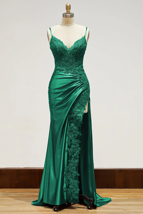 Spaghetti Straps Appliques Side Split Black Long Prom Dress  PSK440