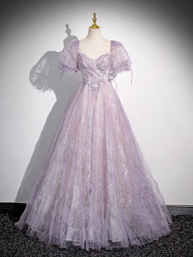 Sweetheart Puffy Sleeves Beaded Floor Length Prom Dress