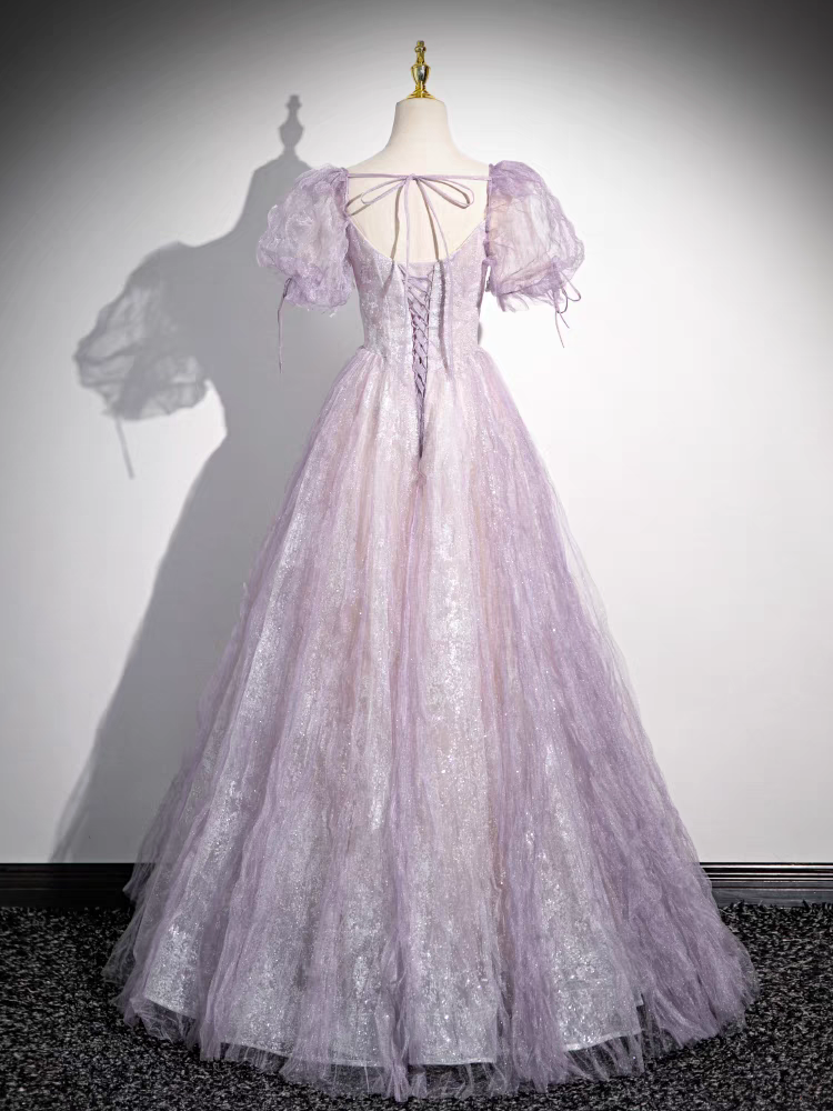 Sweetheart Puffy Sleeves Beaded Floor Length Prom Dress