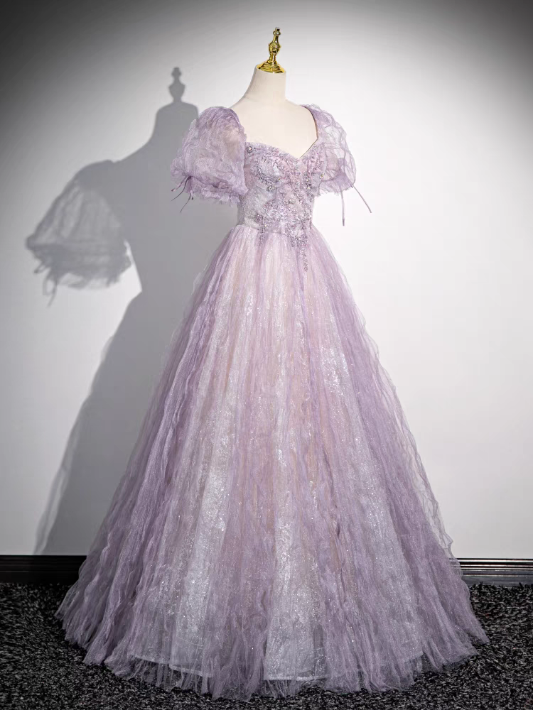 Sweetheart Puffy Sleeves Beaded Floor Length Prom Dress