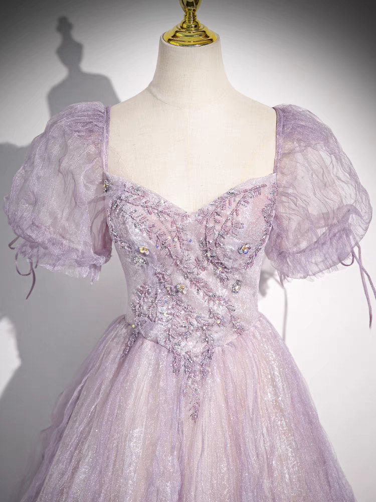 Sweetheart Puffy Sleeves Beaded Floor Length Prom Dress