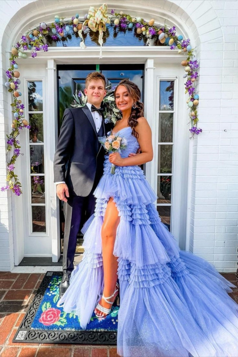 V-neck Pink Tulle Tiered Long Formal Dress