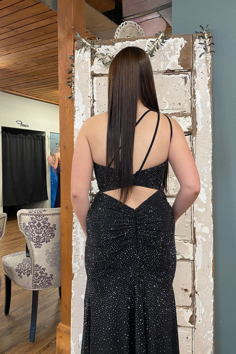 Celine | Vestido de fiesta de jersey con cuentas, escote sirena y un hombro y abertura