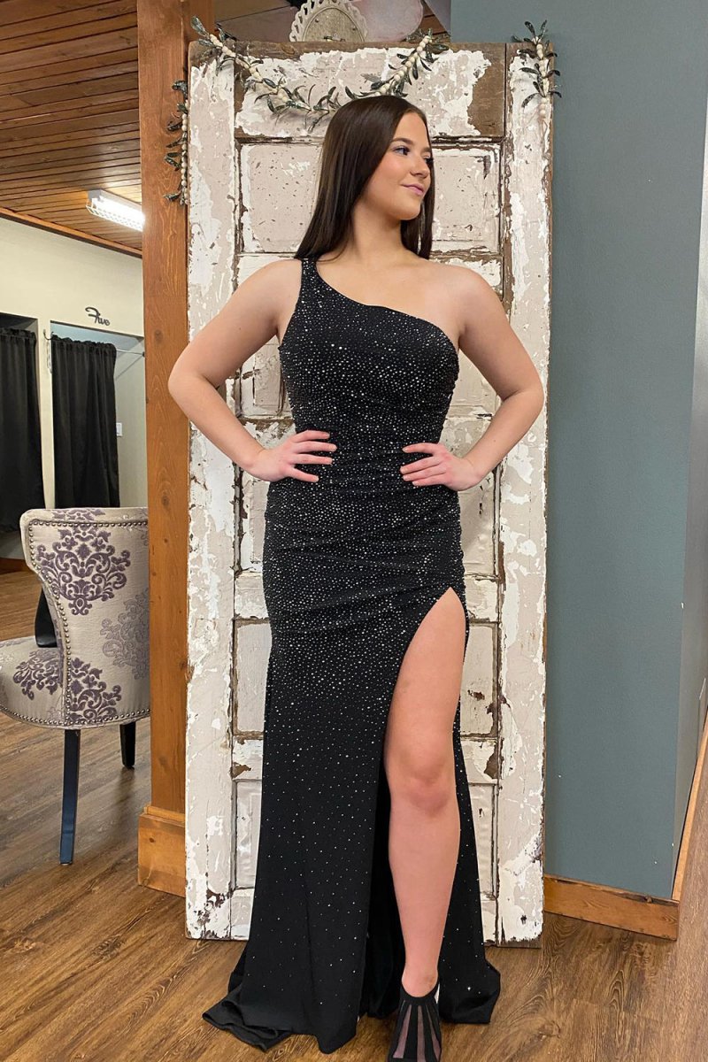 Celine | Vestido de fiesta de jersey con cuentas, escote sirena y un hombro y abertura
