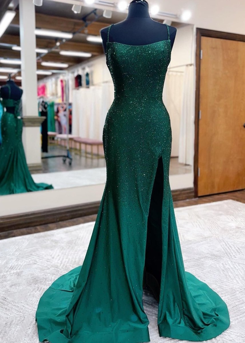 Emelia | Vestido de fiesta de satén con cuentas y tirantes finos estilo sirena con abertura