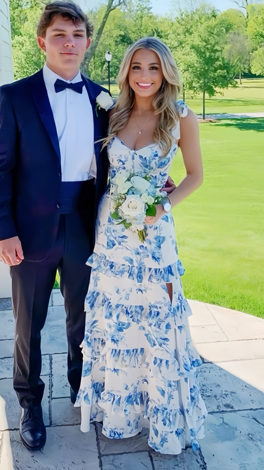 Vestido de fiesta largo de noche con corte A y estampado floral en blanco y azul