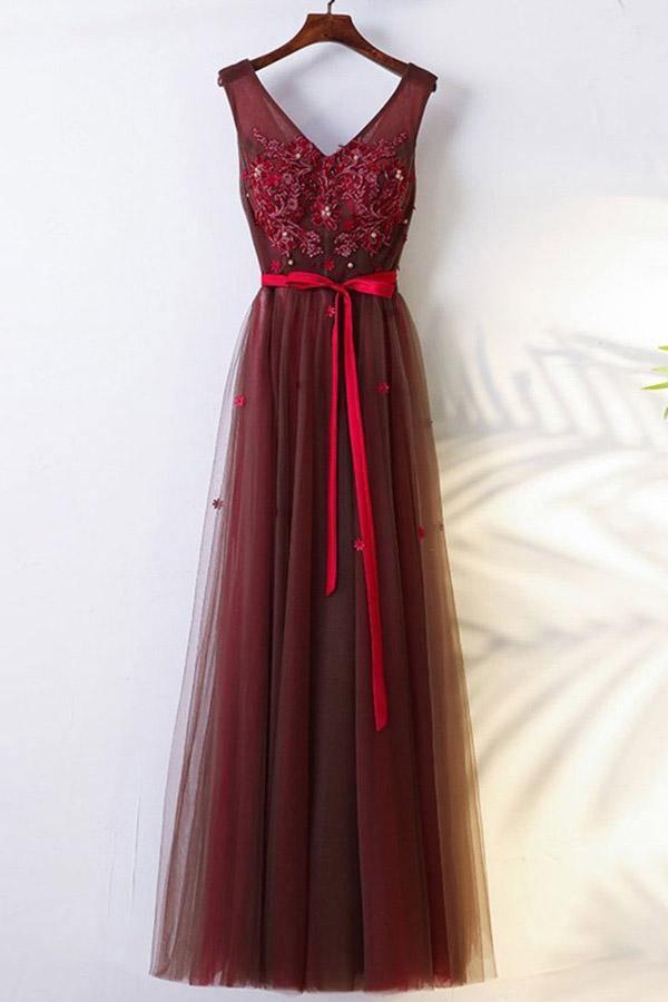 A-Line Floor-Length Belt Burgundy Prom Dress with Appliques  PG702