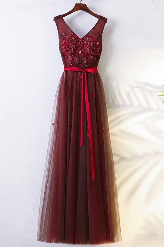 A-Line Floor-Length Belt Burgundy Prom Dress with Appliques  PG702