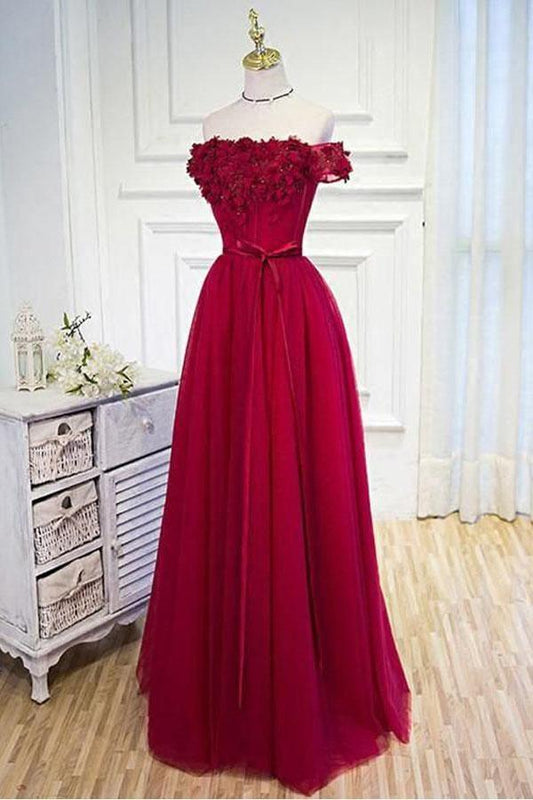 A-line Off The Shoulder Hand-Made Flower Burgundy Prom Dress  PSK004
