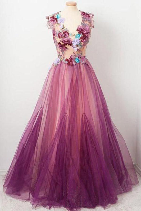 A line Scoop Neck Appliqued Tulle Flower Burgundy Prom Dress PSK007