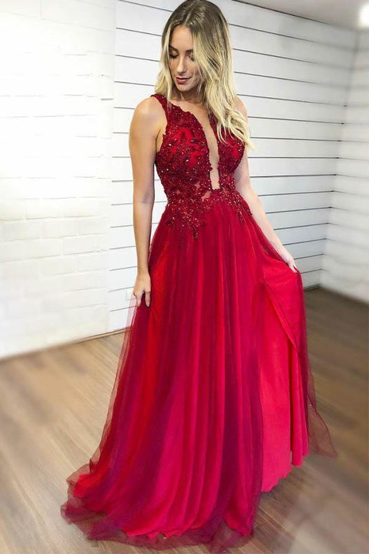 A-line Sleeveless Burgundy Prom Dress With Appliques Beading PG898