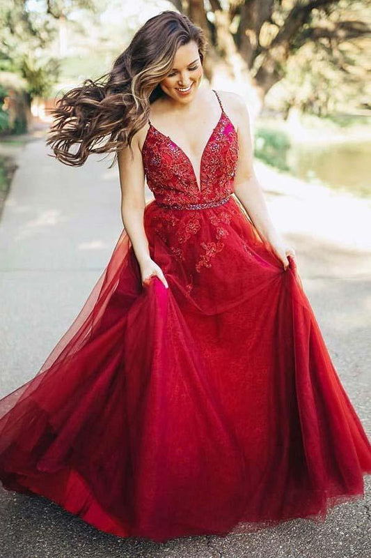 A-Line Spaghetti Straps Burgundy Prom Dress with Appliques PG779