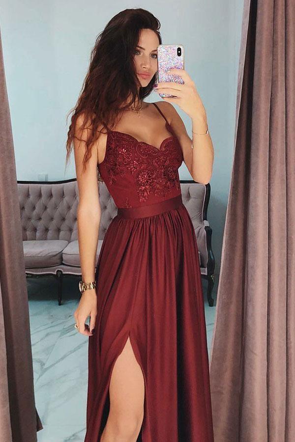 A-Line Spaghetti Straps Gray Long Prom Dress with Lace Sequins PSK029