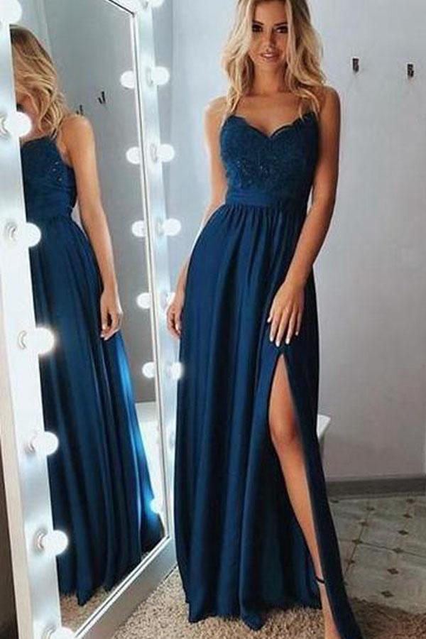 A-Line Spaghetti Straps Gray Long Prom Dress with Lace Sequins PSK029