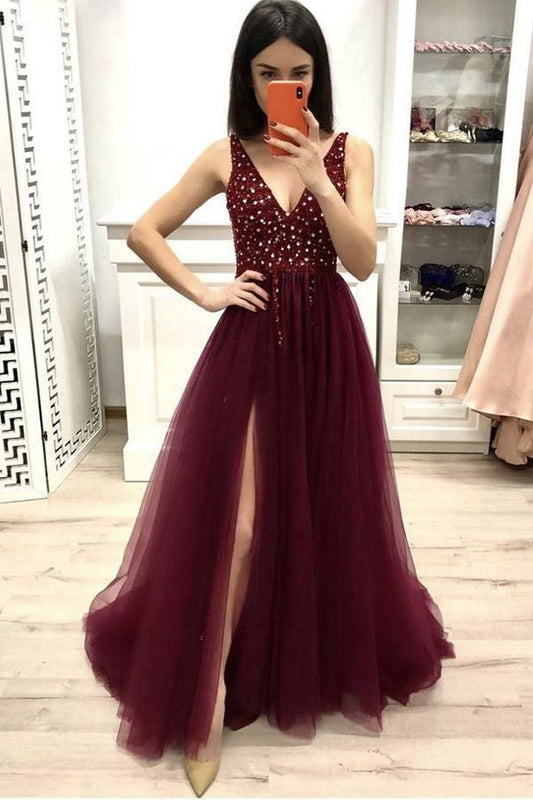 A Line V Neck Burgundy Prom Dress Beaded Split Evening Dress PSK140