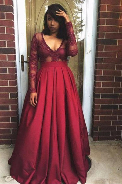 A-line V-neck Satin Burgundy Long Sleeve Prom Dress PSK175