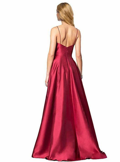 A-line V-neck Spaghetti Strap Burgundy Prom Dress Party Dress PG679
