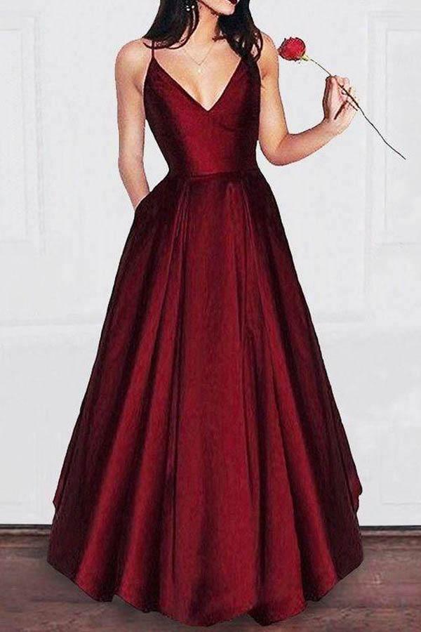 A-line V-neck Spaghetti Strap Burgundy Prom Dress Party Dress PG679