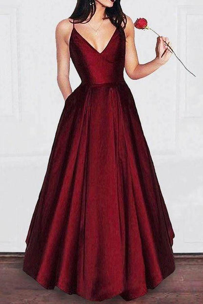 A-line V-neck Spaghetti Strap Burgundy Prom Dress Party Dress PG679