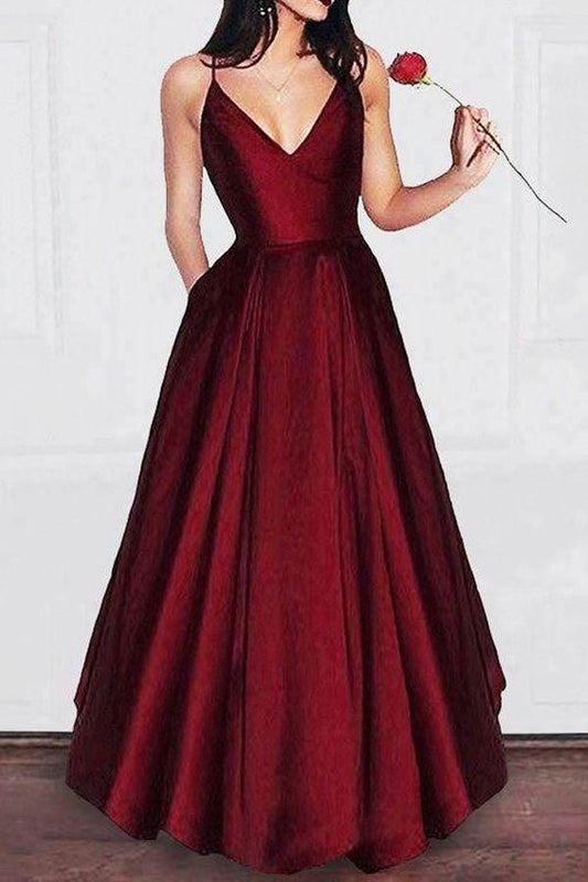 A-line V-neck Spaghetti Strap Burgundy Prom Dress Party Dress PG679