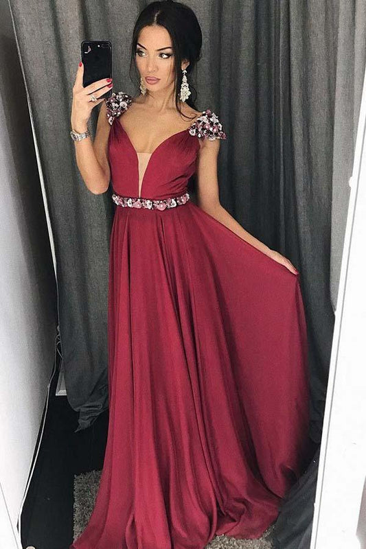 A-Line V-Neck Sweep Train Burgundy Long Prom Dress PG793