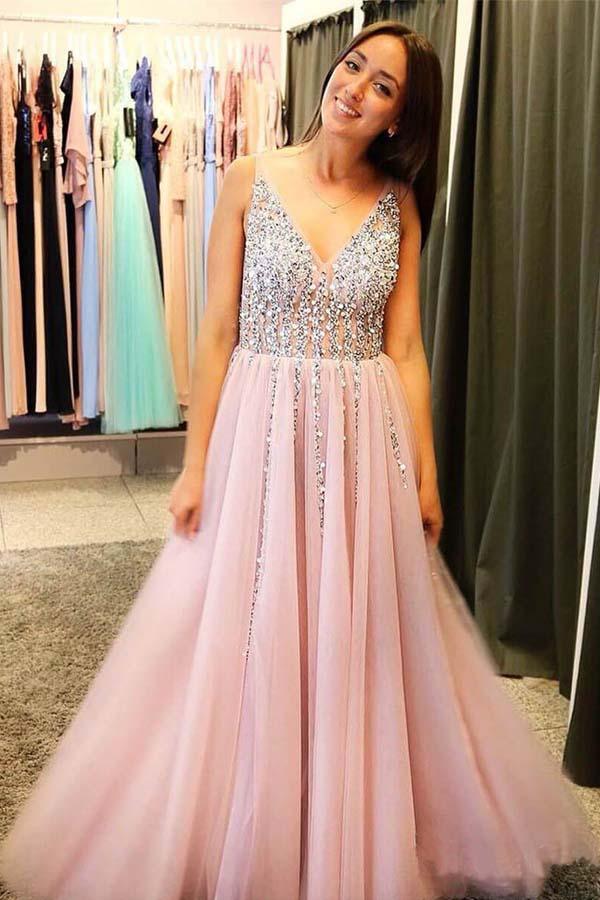 A-Line V-Neck Tulle Backless Prom Dress with Sequins Appliques PG655