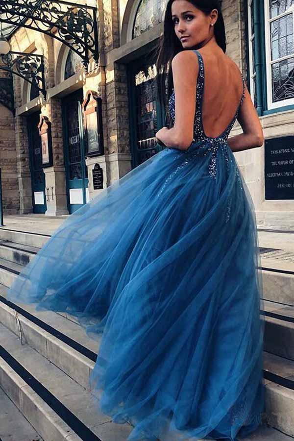 A-Line V-Neck Tulle Backless Prom Dress with Sequins Appliques PG655