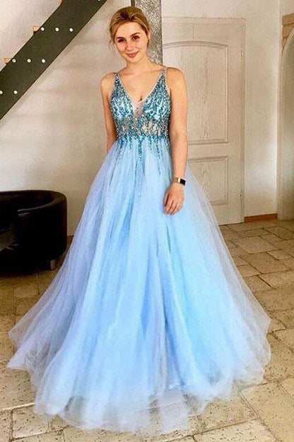 A-Line V-Neck Tulle Backless Prom Dress with Sequins Appliques PG655