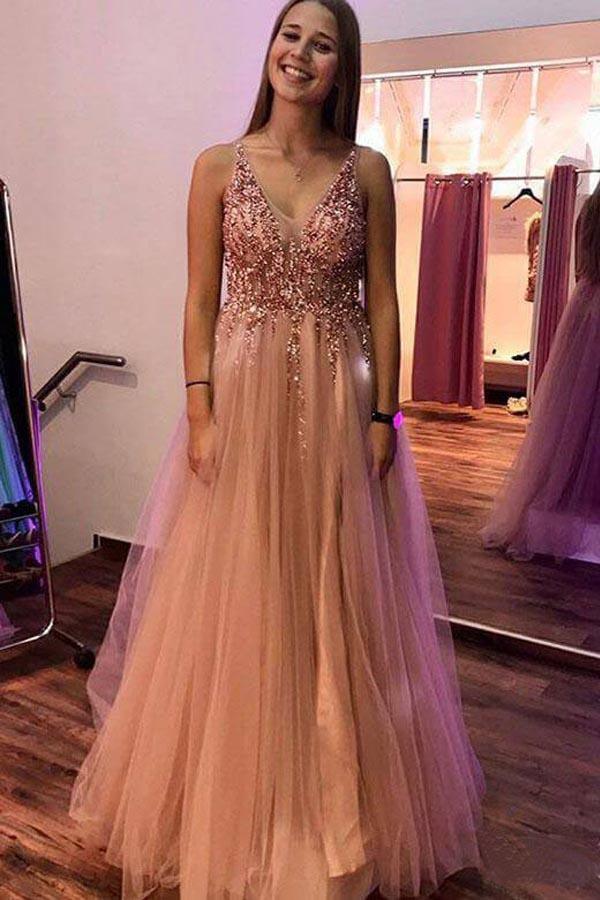 A-Line V-Neck Tulle Backless Prom Dress with Sequins Appliques PG655