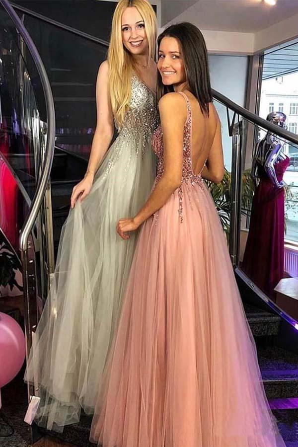A-Line V-Neck Tulle Backless Prom Dress with Sequins Appliques PG655