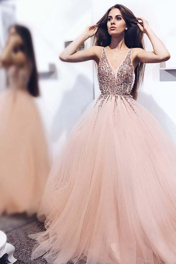 A-Line V-Neck Tulle Backless Prom Dress with Sequins Appliques PG655
