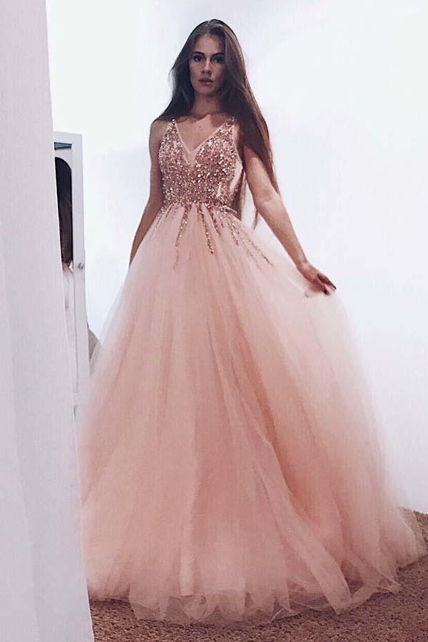 A-Line V-Neck Tulle Backless Prom Dress with Sequins Appliques PG655