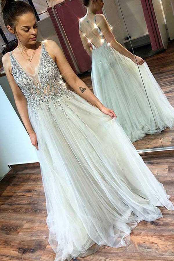 A-Line V-Neck Tulle Backless Prom Dress with Sequins Appliques PG655