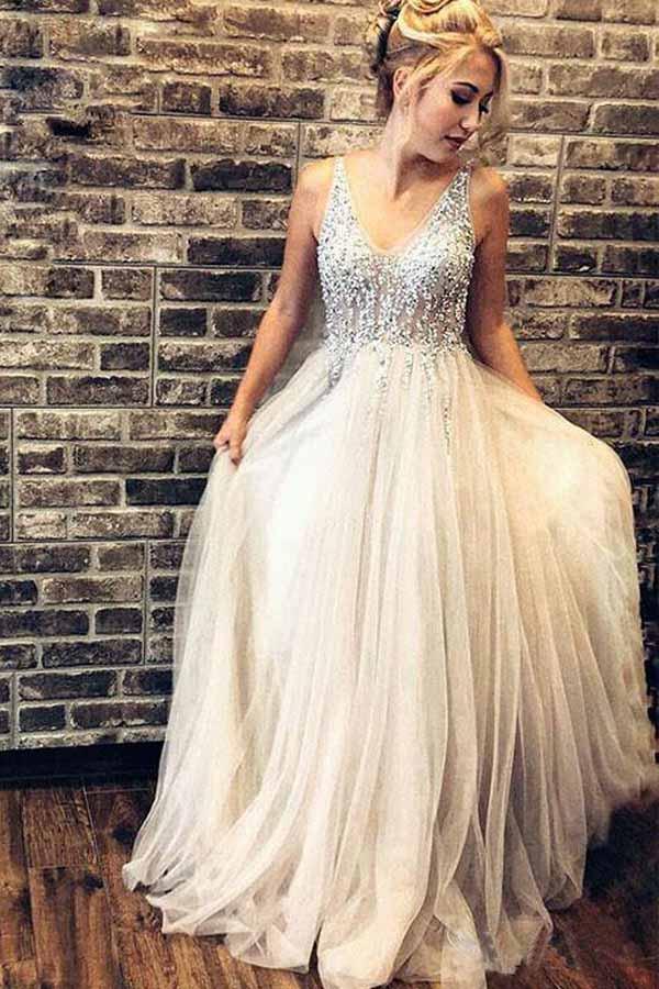 A-Line V-Neck Tulle Backless Prom Dress with Sequins Appliques PG655