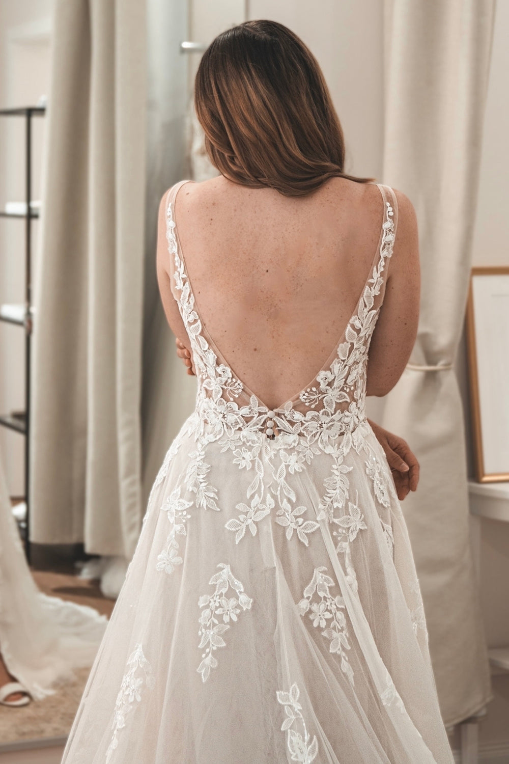 Elegant A Line V Neck Tulle Wedding Dresses with Appliques VK24112210