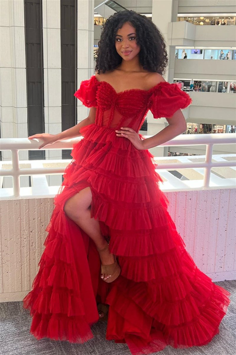 Elia | Vestido de fiesta de tul con escote en A y hombros descubiertos con abertura