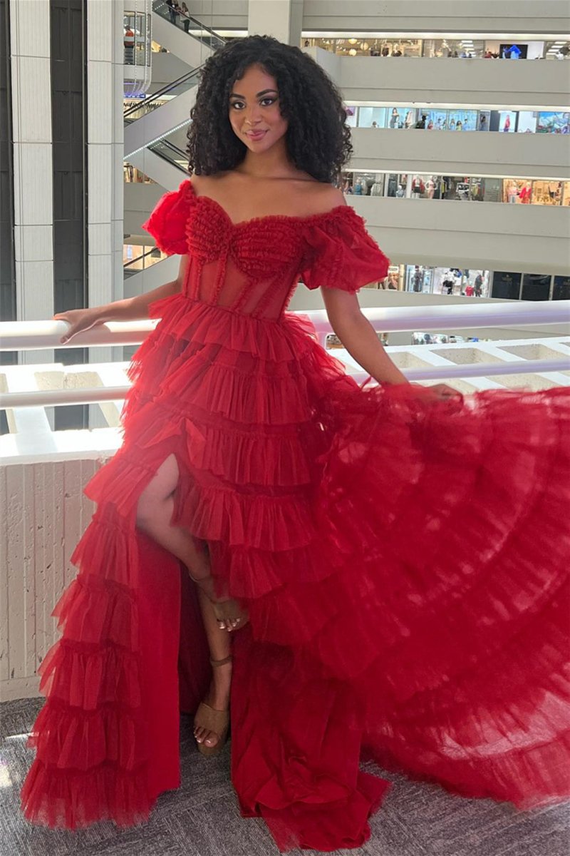 Elia | Vestido de fiesta de tul con escote en A y hombros descubiertos con abertura
