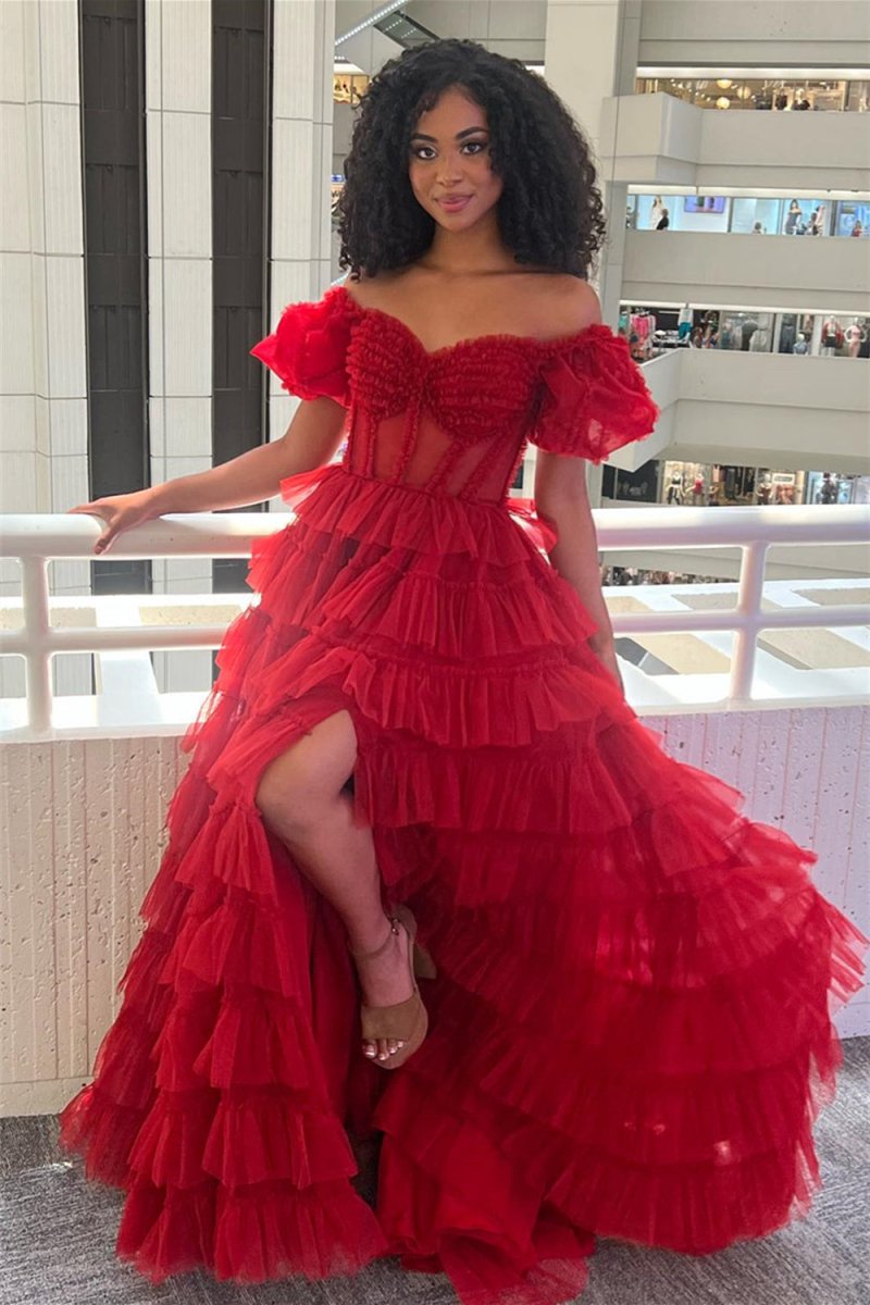 Elia | Vestido de fiesta de tul con escote en A y hombros descubiertos con abertura
