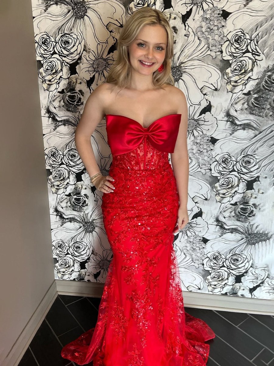 Arvin | Strapless Red Mermaid Lace Appliques Long Prom Dress with Bow