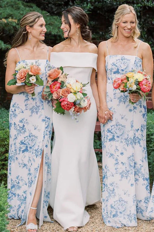 Simple Sheath Printed Porcelain Long Bridesmaid Dresses with Slit VK24110701
