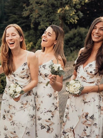 Charming Chiffon V-neck Floral Printed Bridesmaid Dresses With Slit VK0321006