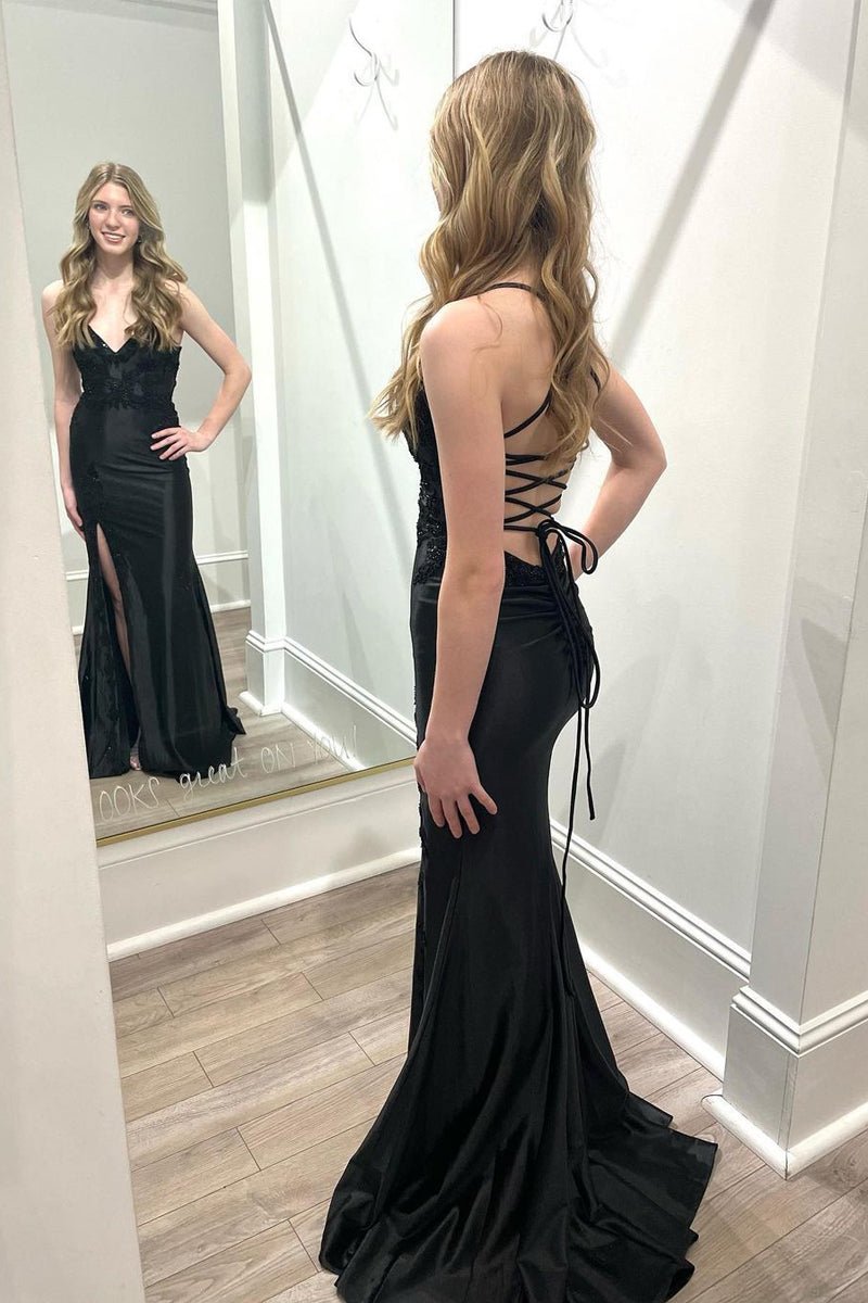 Vestidos de fiesta largos de sirena con escote en V y abertura en satén negro