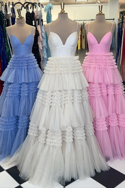 V-neck Pink Tulle Tiered Long Formal Dress