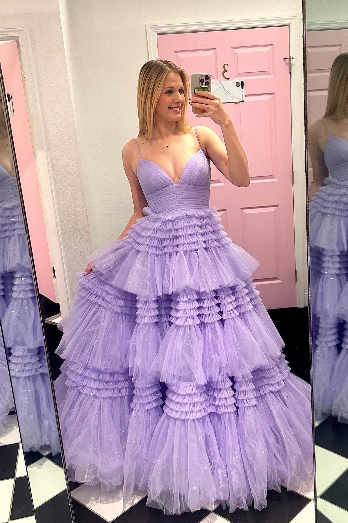 V-neck Pink Tulle Tiered Long Formal Dress