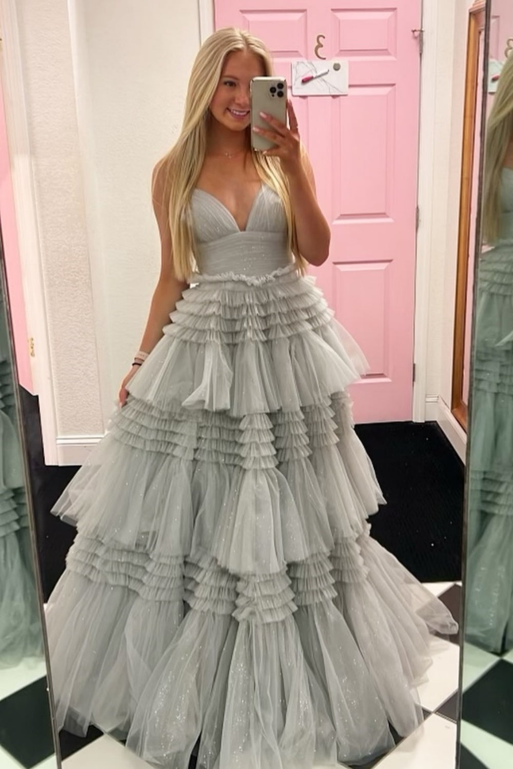 V-neck Pink Tulle Tiered Long Formal Dress