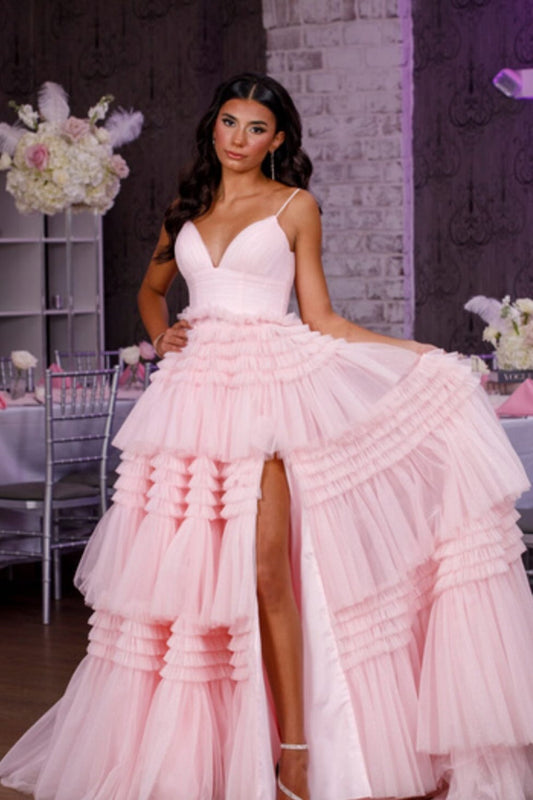 V-neck Pink Tulle Tiered Long Formal Dress