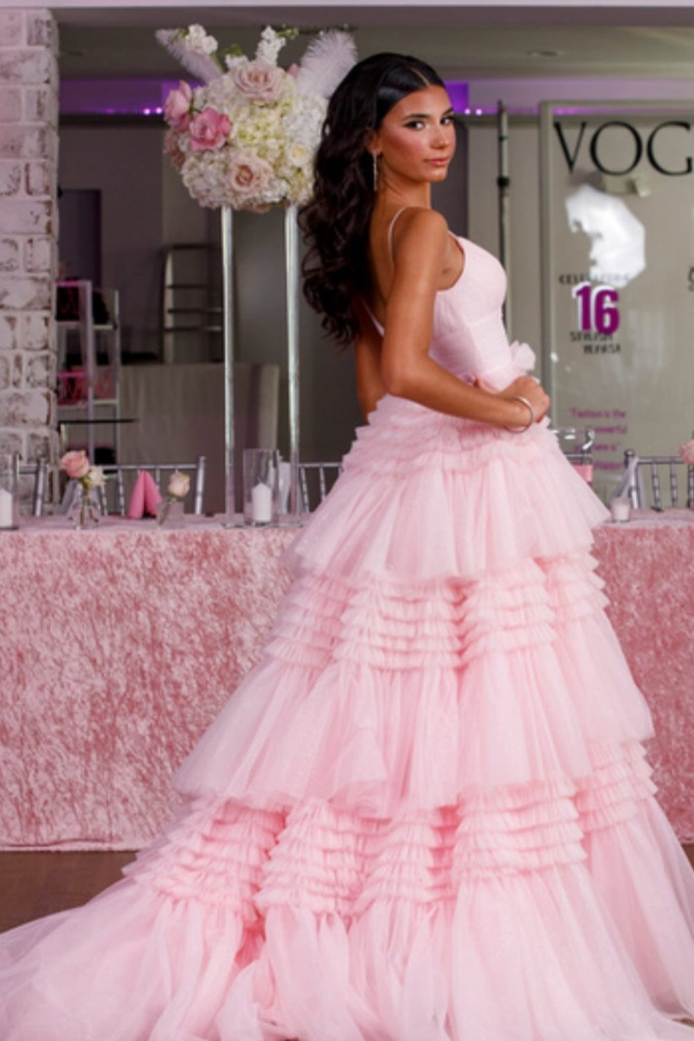 V-neck Pink Tulle Tiered Long Formal Dress