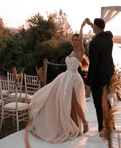 Fairy Ball Gown Sweetheart Dark Champagne Wedding Dresses with Appliques VK112120