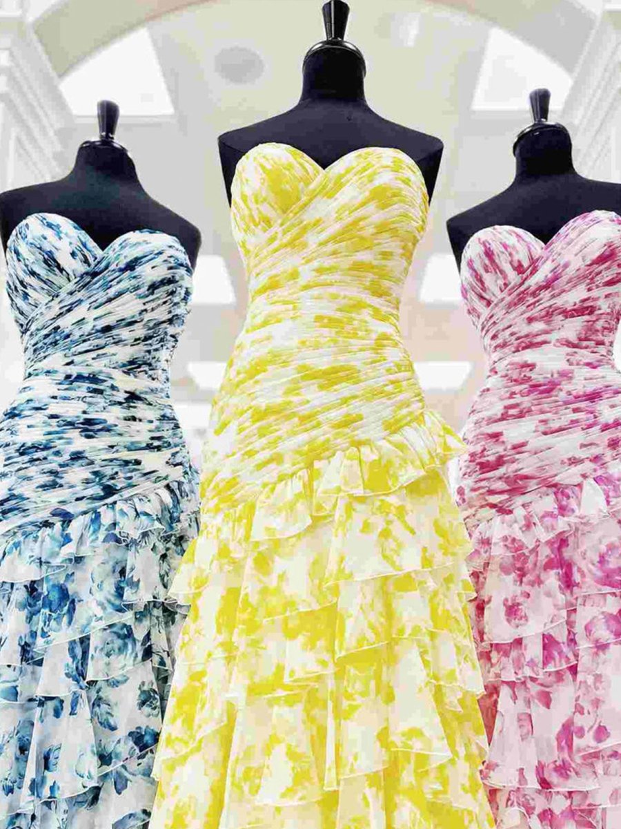 Cassian | Vestidos de fiesta largos de gasa con escote en forma de corazón y estampado de sirena con abertura