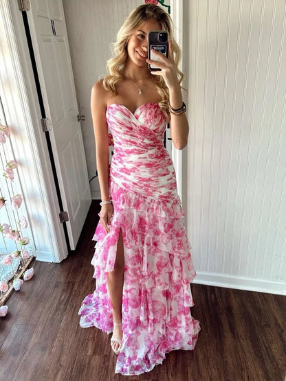 Cassian | Vestidos de fiesta largos de gasa con escote en forma de corazón y estampado de sirena con abertura